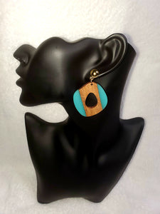 Teal & Brown Natural Wooden Teardrop Geometric Ethnic Earrings