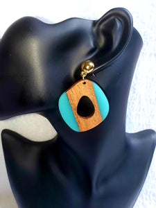 Teal & Brown Natural Wooden Teardrop Geometric Ethnic Earrings