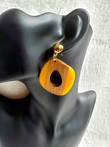 Yellow Brown Natural Wooden Teardrop Geometric Ethnic Earrings