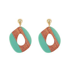 Teal & Brown Natural Wooden Teardrop Geometric Ethnic Earrings