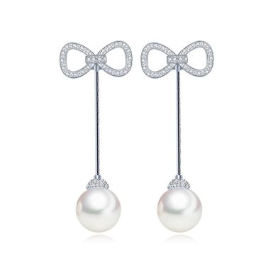 White Small diamond Bridal Prom Pearl Bow Drop Zircon Earrings
